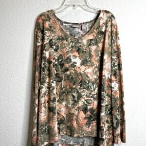 Chico's Long Sleeve Peach, Olive & Gold Foil Top Sz 3, (X-Large)